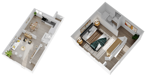 Floor plan for 1 bed, 1.5 baths, 900 sqft